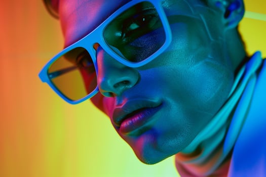 Light Blue eyewear with Neon Green Background Handsome Males portrait Featuring Trendy Lifestyle and Fashionable Costume photo