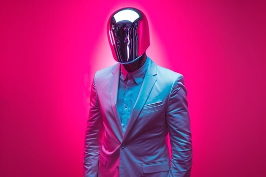 Sophisticated Fashion Handsome Male Model in Trendy Suit with Males Fashion Face Mask Neon pink Lifestyle Background Urban elegance photo