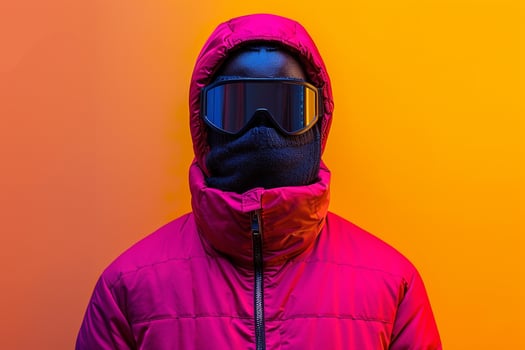 Fashion Male Model in Trendy Jacket with Neon Black Ski Mask and Neon Yellow Background photo
