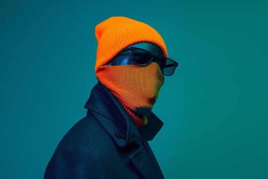 Handsome Fashion Male Model in Casual Overcoat with Neon Orange Ski Mask Highlighting Modern Urban Style photo