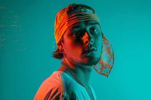 Trendy Males portrait Fashion Male Model in Neon Orange Bandana with Neon Teal Background photo