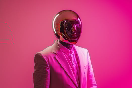 Trendy Suit Male Fashion Model with Males Fashion Face Mask and Neon pink Background presenting a Chic Modern Lifestyle portrait photo