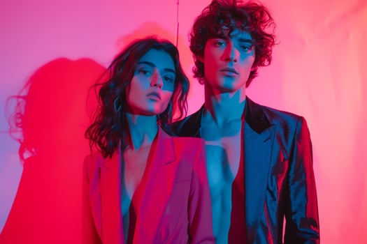 High end Fashion Model in Casual Blazers with Neon pink Chic Lifestyle portrait with Modern Background photo