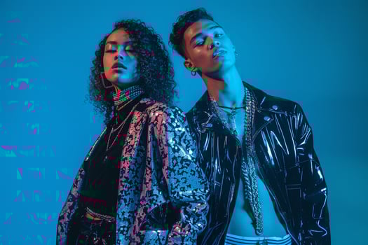 Male Fashion Model in Trendy Jackets with Neon Blue Stylish Lifestyle portrait Featuring a Modern Trendy Fashion Background photo