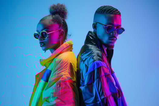 Trendsetting Male Fashion Model in Trendy Jackets with Neon Blue Stylish Lifestyle portrait Featuring a Fashionable Modern Background photo