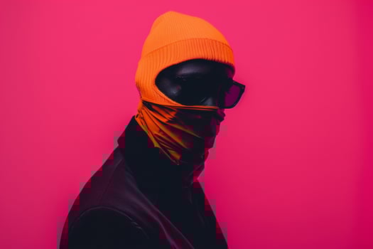 Male Fashion Model in Trendy Blazer with Neon Orange Ski Mask and pink Background Stylish portrait Highlighting Modern Fashion Trends and Bold Color Accents photo