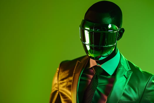 Male Fashion Model in Casual Suit with Males Fashion Face Mask and Neon Green Background Ideal for a Vibrant and Stylish Lifestyle portrait photo