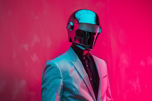 Casual Suit with Males Fashion Face Mask and Neon pink Background Trendy Male Fashion Model portrait with Modern Style photo