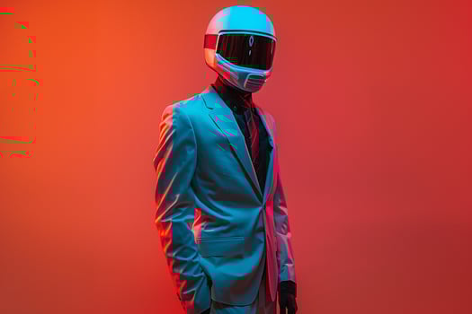 Classic Suit with Neon Aqua Ski Mask and Neon Coral Background Stylish Male Fashion Model portrait Featuring Contemporary Accents photo