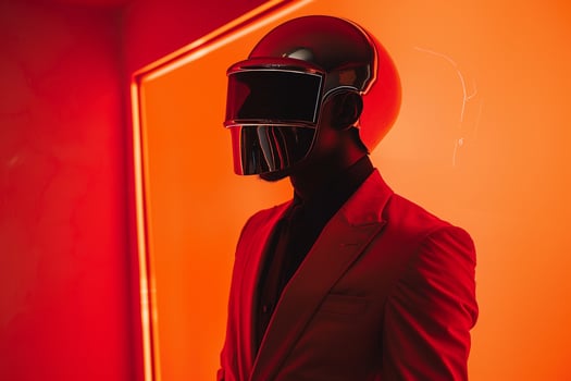 Black Casual Suit with Males Fashion Face Mask and Neon Red Background Fashion Model portrait with Chic and Trendy Style photo