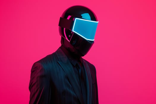 Trendy Tailored Suit Male Fashion Model with Neon Teal Ski Mask and Neon pink Lifestyle and Stylish portrait photo