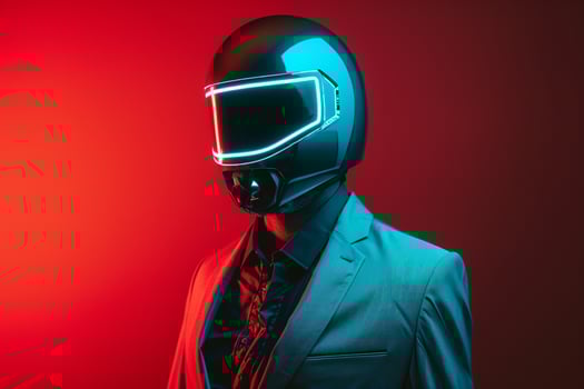 Chic portrait Male Fashion Model in Casual Blazer with Neon Aqua Ski Mask and Neon Red Lifestyle photo