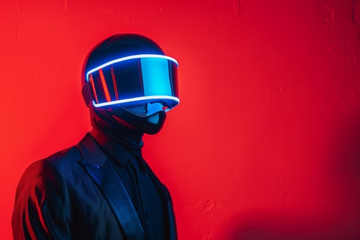 Trendy portrait Male Fashion Model in Tailored Jacket with Neon Blue Ski Mask and Neon Red Lifestyle photo