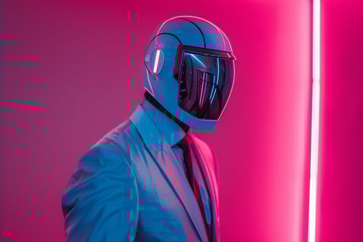 Modern Male Fashion Model in Trendy Suit with Males Fashion Face Mask and Neon pink Lifestyle Background Fashionable and Unique photo