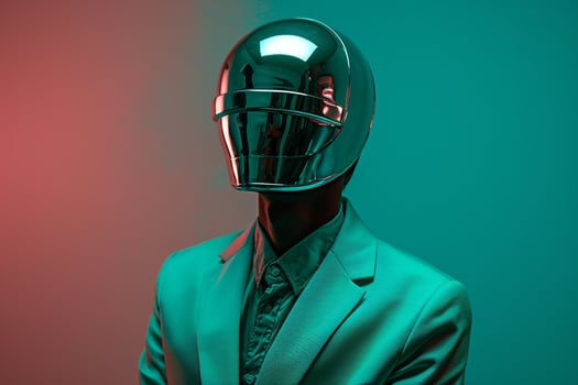 Trendy Male Fashion with Blazer and Face Mask Neon Teal portrait Background perfect for Stylish and Modern Fashion portraits photo