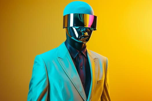 Fashionable Male Suit with Face Mask Neon Yellow Lifestyle Background Ideal for Trendy portraits and Stylish Urban Fashion photo