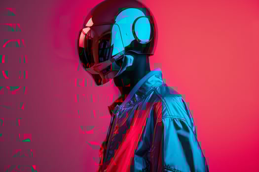 Casual Jacket for Male with Face Mask Neon Aqua Lifestyle Background Ideal for Stylish portraits and Contemporary Fashion Choices photo