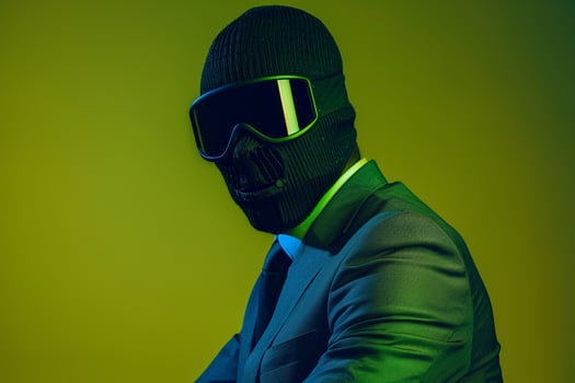 portrait of a Male Fashion Model in Males Suit with Neon Black Ski Mask and Neon Green Lifestyle Background photo