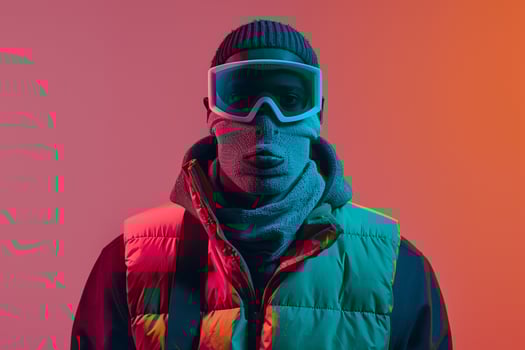 Casual Vest Neon Teal Ski Mask Males Fashion portrait with Neon Coral Background photo