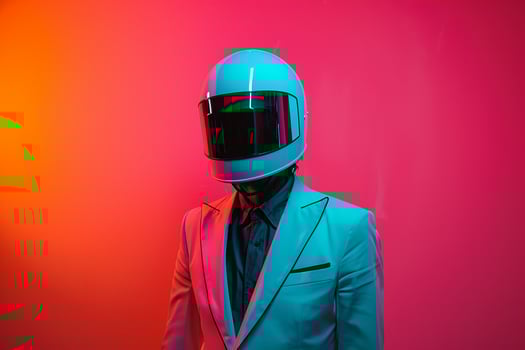 Classic Blazer with a Neon Teal Ski Mask and a Neon Coral Lifestyle portrait Background perfect for a sophisticated and stylish look photo