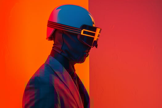Casual Suit with a Neon Orange Ski Mask and a Neon Coral Lifestyle portrait Background offering a trendy and modern fashion look photo