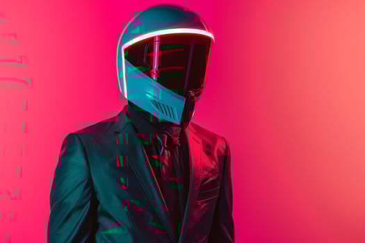 Tailored Suit with Neon Aqua Ski Mask and Neon pink Lifestyle Stylish Male Fashion portrait with a bold Neon pink background Modern and elegant photo