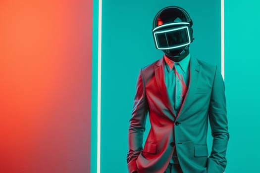 Males Suit with Neon Black Ski Mask and Neon Green Lifestyle Fashionable Male Fashion portrait with a bright Neon Green background photo