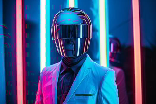 Sophisticated Male in Trendy Suit with Fashionable Face Mask and Neon Blue Lifestyle Background Modern and elegant portrait with Contemporary Style photo