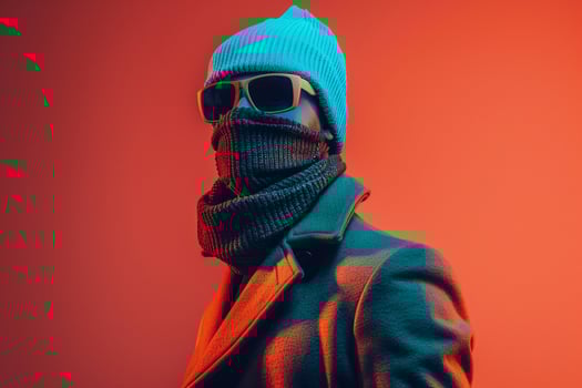 Chic Male Fashion in Trendy Overcoat with Neon Teal Ski Mask and Neon Coral Lifestyle Background Stylish and Contemporary portrait with Modern Flair photo