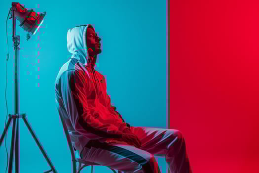 Trendy Fashion Model in a Tracksuit with a Neon Aqua background presenting a chic Males fashion portrait with a lively lifestyle feel and modern style photo