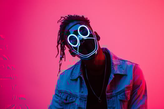 Costume Fashion Model in Trendy Jacket with Neon Black Mask and Neon pink Background presenting a dynamic Males fashion portrait with a modern lifestyle ambiance photo