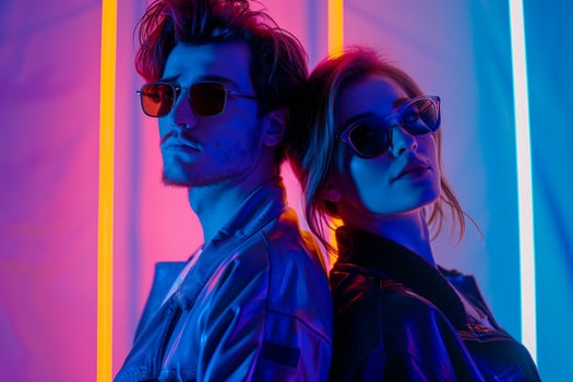 Trendy Jackets with Neon Blue Background on Male Fashion Model showcasing a chic Males fashion portrait with a dynamic lifestyle setting photo