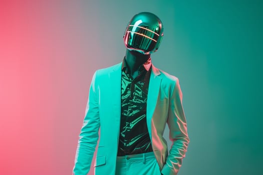 Casual Blazer with Neon Green Face Mask and Neon Green Background on Male Fashion Model delivering a modern Males fashion portrait with a vibrant lifestyle ambiance photo