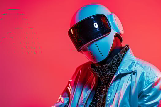 Trendy Jacket with Neon Coral Background on Male Fashion Model with Face Mask Chic portrait with a Modern Lifestyle and Vibrant Ambiance photo