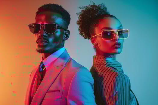 Chic Urban Lifestyle portrait Showcasing Male Fashion Model in Casual Suits with Neon Coral Background Fashionable Suit Styles photo