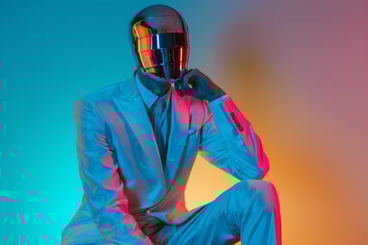 Modern Urban portrait of Male Fashion Model in Casual Suit with Fashion Face Mask and Neon Aqua Background Trendy and Stylish photo