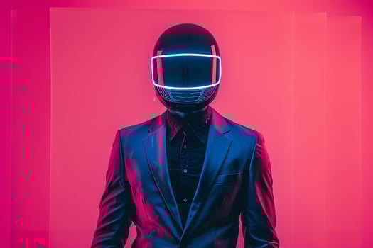 Casual Suit with Neon Blue Ski Mask and pink Background Male Fashion Model in Males Lifestyle portrait featuring Bold Trends and Trendy Fashion photo