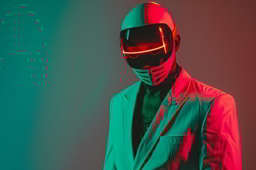 Neon Red Ski Mask and Classic Blazer Fashionable Male portrait with a Trendy Classic Blazer and Neon Red Ski Mask Against a Vibrant Neon Green Background photo