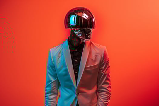 Trendy Males Lifestyle with Neon Coral Background Male Fashion in Casual Blazer and Face Mask Highlighting Modern and Stylish Appeal photo