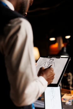 Precise fashion designer conceptualizing custom made sartorial business suit collection in tailoring studio. Experienced couturier handdrawing sketch of bespoke garment piece photo