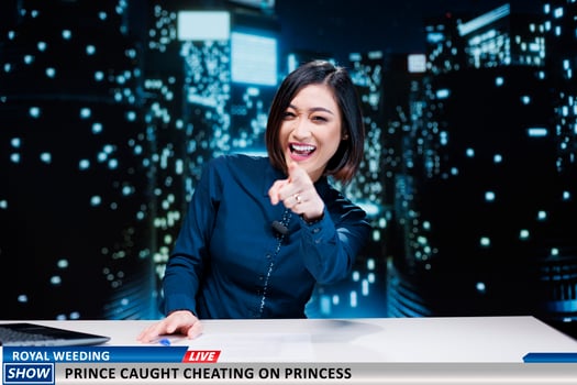 Entertainment news about royal adultery on night show live program, presenting latest information about prince getting caught cheating on princess. Presenter hosting media segment. photo