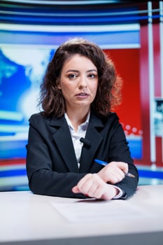 Newscaster talking about latest events on live broadcast transmission, presenting daily happenings and celebrity gossips. News anchor woman covering all headlines and topics in studio. photo