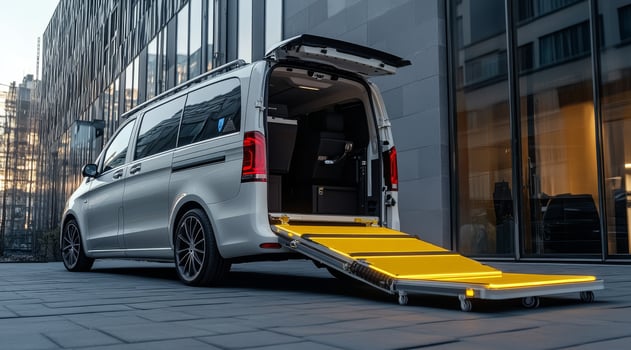 This modern minivan has a sturdy yellow ramp for easy wheelchair access, making it an excellent choice for those needing reliable mobility solutions to enhance daily activities and lifestyle photo