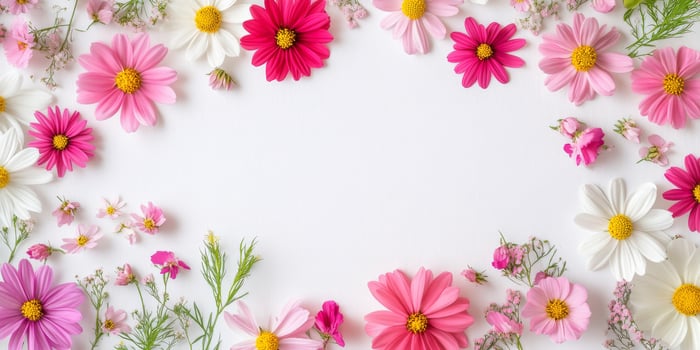 This vibrant mix of cheerful pinks and whites in beautiful flowers frames a blank central space, ideal for stunning invitations, heartfelt cards, or any creative projects you envision photo