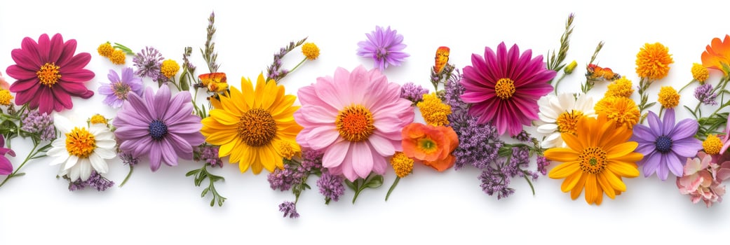 A stunningly beautiful arrangement of colorful wildflowers which creates a cheerful and vibrant border photo