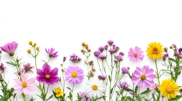 A vibrant display of flowers in pastel pink, sunny yellow, and royal purple against a crisp white background, perfect for celebrating spring and enhancing floral designs in any setting photo
