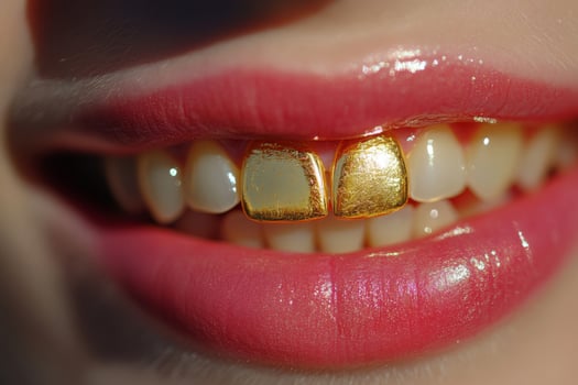 A closeup shot of stylish gold grillz, which beautifully highlight vibrant lips alongside perfectly white teeth photo
