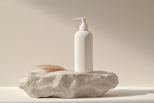 Showcase your amazing product with this sleek and minimalist pump bottle mockup, which is perfect for showcasing lotions or beverages, elegantly set on a stylish stone base for a modern touch photo