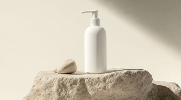 This stylish white pump bottle mockup is ideal for showcasing lotions or beverages in a visually appealing manner, elegantly presented on a textured stone surface that enhances its aesthetic appeal photo