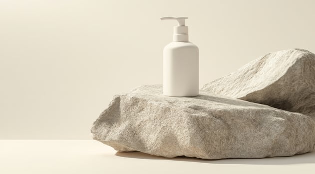 This elegant white pump bottle on a natural stone surface showcases luxurious lotions or beverages, embodying a captivating minimalist aesthetic that enhances the overall presentation photo